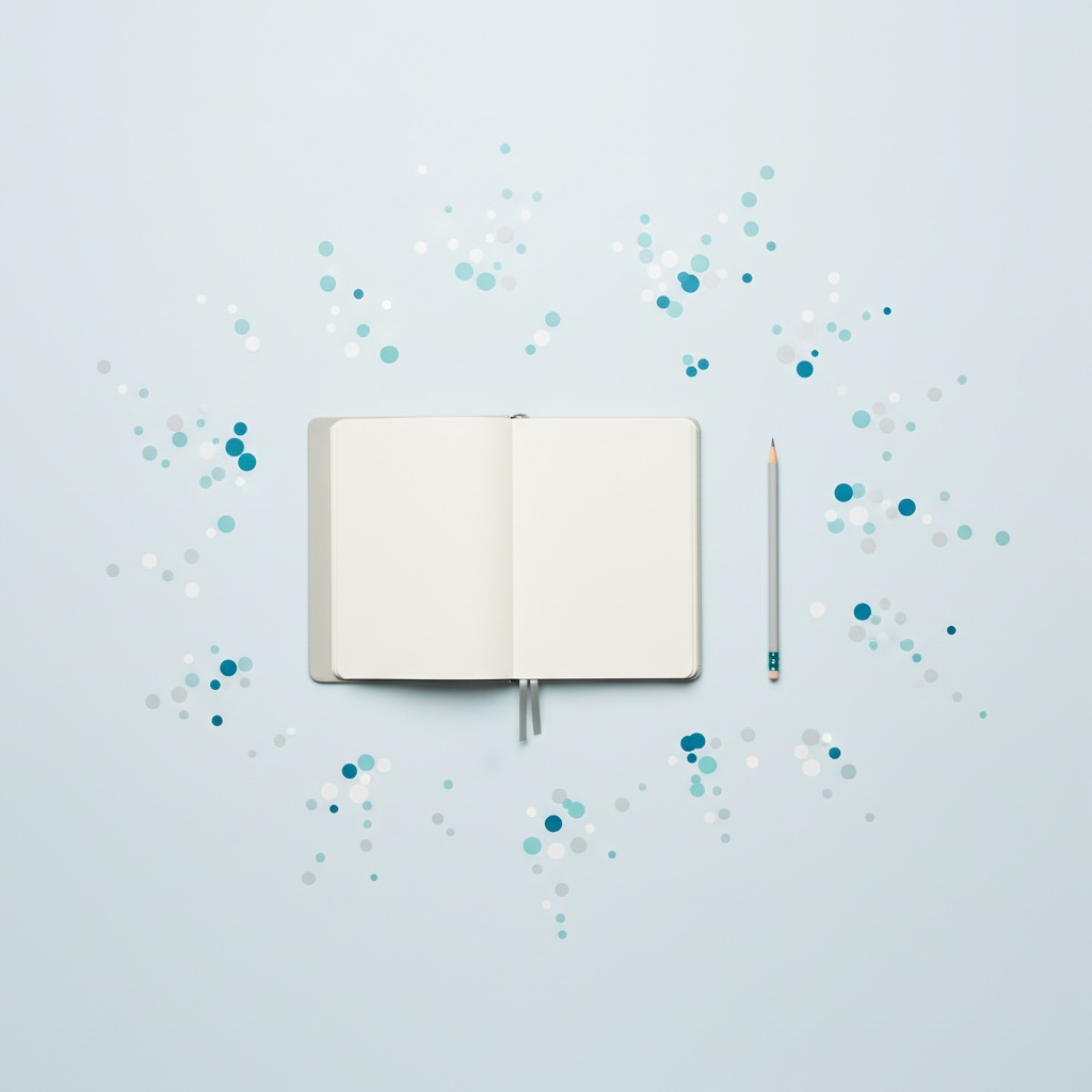 Abstract flat-lay representing ADHD attention patterns — scattered planner and pencil on pale blue surface